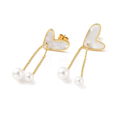 Shell Heart with Acrylic Pearl Dangle Stud Earrings EJEW-P203-11G-1