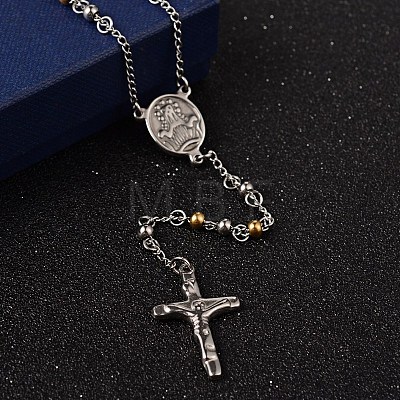 Crucifix Cross 304 Stainless Steel Rosary Bead Necklaces NJEW-O096-31-1