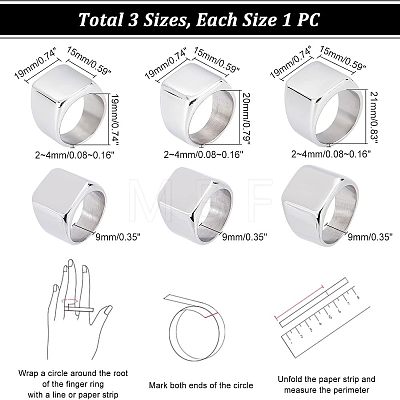 Unicraftale 3Pcs 3 Size 304 Stainless Steel Rectangle Signet Finger Rings RJEW-UN0001-26P-1