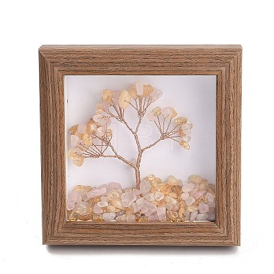 Natural Rose Quartz and Yellow Quartz Chips Tree of Life with Wooden Photo Frame Decorations DJEW-B013-04G-1