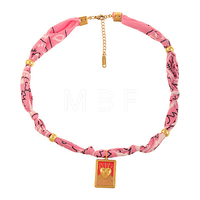 304 Stainless Steel Red Enamel Pendant Printed Cloth Cord Necklaces for Women FS-WGEB349-03-1