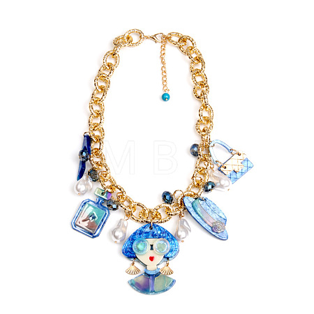 Acrylic Lady Perfume Bottle High Heel and Imitation Pearl Pendant Bib Necklaces with Alloy Chains for Women FS-WGDF0C3-05-1