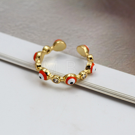 Flat Round with Evil Eye Brass Micro Pave Clear Cubic Zirconia with Enamel Cuff Rings FS-WG1191A-02-1