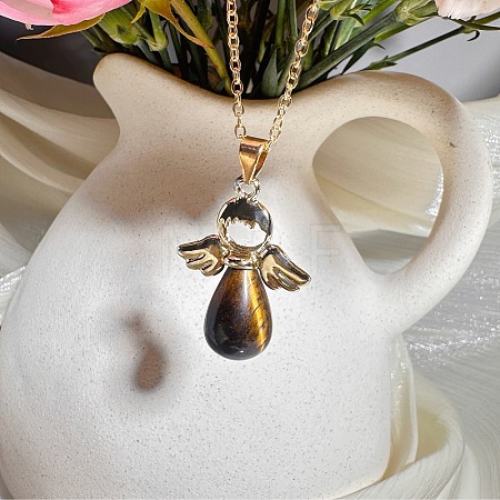 European Natural Tiger Eye with Alloy Wings Angel Pendant Necklaces for Women WH2548-7-1