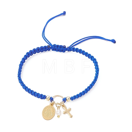 Oval with Virgin Mary & Cross 304 Stainless Steel & Natural Freshwater Pearl Charm Bracelets BJEW-JB12928-01-1