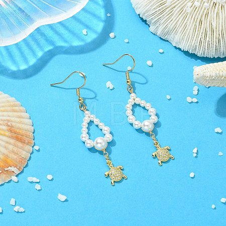 Shell Pearl and Brass Micro Pave Cubic Zirconia Charms Dangle Earring EJEW-JE07431-01-1