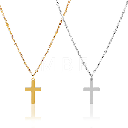 2Pcs 2 Colors 304 Stainless Steel Cross Pendant Necklace with Satellite Chains NJEW-FI0001-48-1