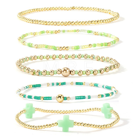 5Pcs 5 Styles Brass & Resin Beads Stretch Bracelets FP8271-7-1