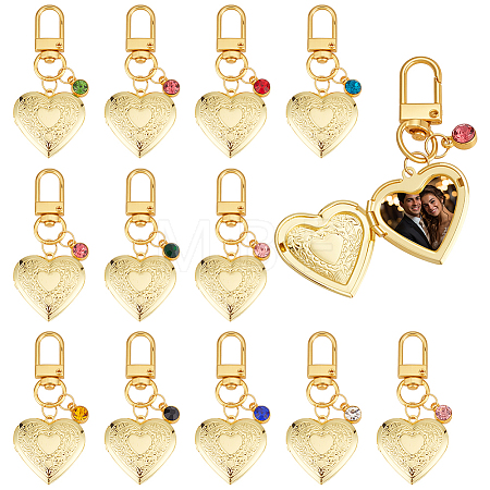 12Pcs Birthstone Heart Alloy Glass & Rhinestone & Brass Locket Pendant Decorations HJEW-PH02143-1