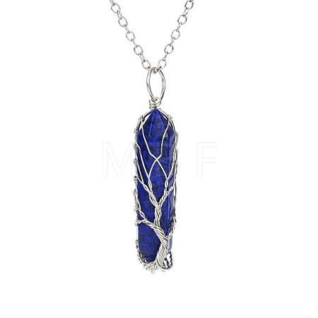 Natural Lapis Lazuli Double Terminal Pointed Faceted Bullet Copper Wire Wrapped Tree of Life Pendant Alloy Chain Necklaces FS-WG07FDC-08-1