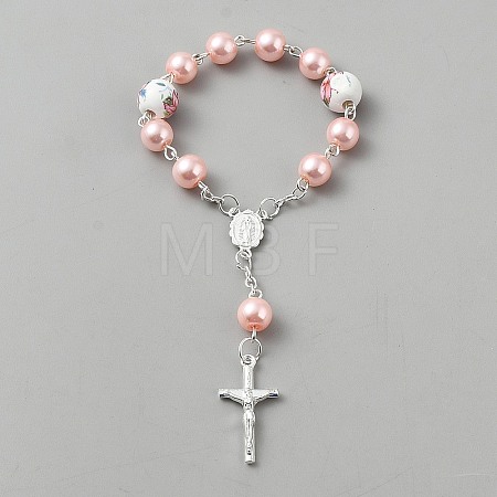 Plastic Imitation Pearl and Porcelain Round Link Metal Virgin Cross Charm Rosary Bracelets BJEW-WH0041-51A-1