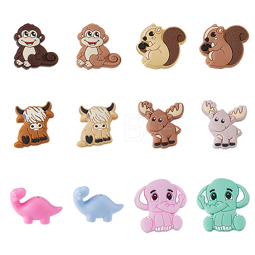 GOMAKERER 12Pcs 12 Style Animals Theme Food Grade Eco-Friendly Silicone Focal Beads SIL-GO0001-32-1