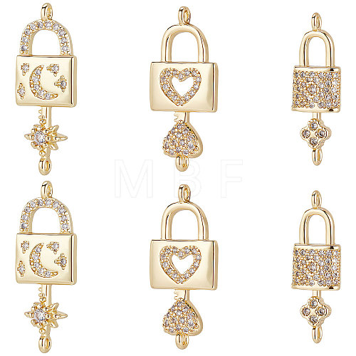6Pcs 3 Styles Brass Micro Pave Clear Cubic Zirconia Connector Charms KK-BBC0002-94-1