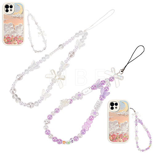 WR0001 2Pcs 2 Style Bowknot Pearl Beaded Mobile Phone Straps AJEW-WR0001-55-1
