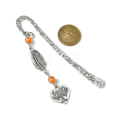 Tree of Life Feather Tibetan Style Alloy Pendant Bookmark with Cat Eye AJEW-JK00277-02-1