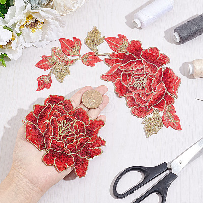  2Pcs 2 Style Peony Polyester Embroidery Sew on Clothing Patches PATC-NB0001-11C-1