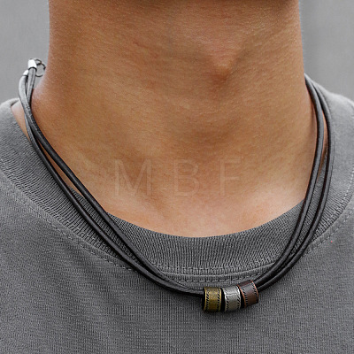 Boho Tri-Color Alloy Column Beads Double Strand Faux Leather Cord Necklaces for Men WG349E3-01-1