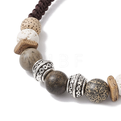 Round Lava Rock & Wood Braided Beads Bracelets BJEW-JB10991-1