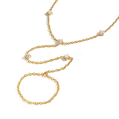 304 Stainless Steel Pave Clear Cubic Zirconia Hand Chain Ring Bracelets for Women LU5720-1