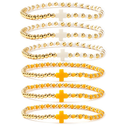 6Pcs Brass Round Beads Stretch Bracelets TI2646-2-1