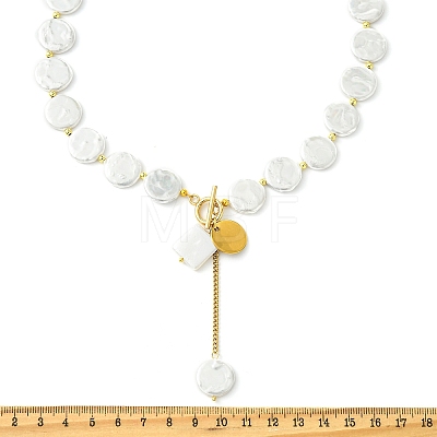 Adjustable White Shell Pearl Coin Bead Lariat Necklaces with 304 Stainless Steel OT Clasps NJEW-JN06027-1