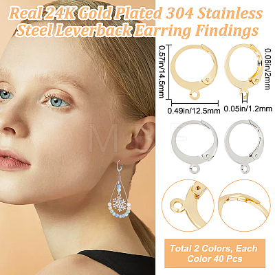 Beebeecraft 80Pcs 2 Colors 304 Stainless Steel Leverback Earring Findings STAS-BBC0004-11-1