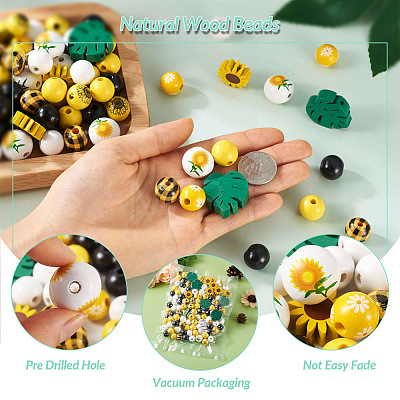 Kissitty 120Pcs 9 Styles Painted Natural Wood Beads WOOD-KS0001-18-1