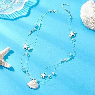 Electroplate Natural Shell Pendant Clear Nylon String 3-Strand Necklaces NJEW-TA00221-1