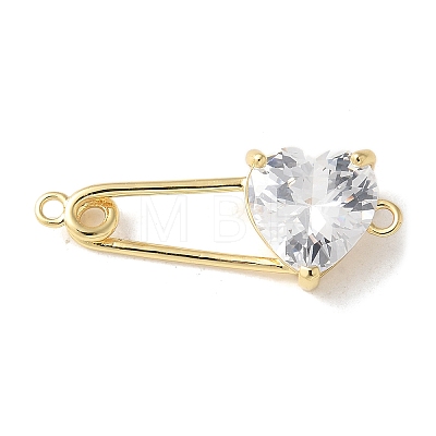 Brass Cubic Zirconia Heart Safety Pin Connector Charms KK-Q031-45G-1