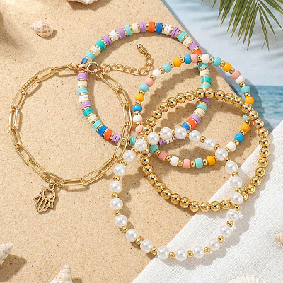 5Pcs 304 Stainless Steel & Handmade Heishi Polymer Clay/Glass Seed Bead/Plastic Bead Stretch Bracelet Sets AF7427-1-1