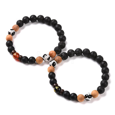 2Pcs Buddhist Natural Mixed Stone and Wood Beads Stretch Bracelets Set for Women Men BJEW-JB08932-1