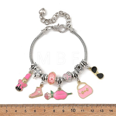 Makeup Theme Alloy Enamel Lipstick Handbag Shoe Charm Brass European Bracelets for Women BJEW-JB14237-02-1
