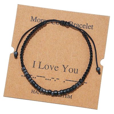 I Love You Synthetic Non-magnetic Hematite & Wood Beads Morse Code Bracelets WGB6EC0-10-1
