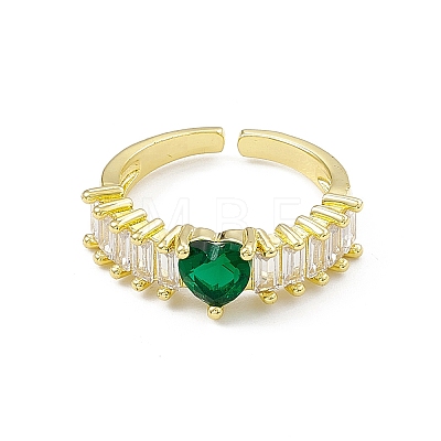 Green Cubic Zirconia Heart Open Cuff Ring RJEW-I091-04G-1