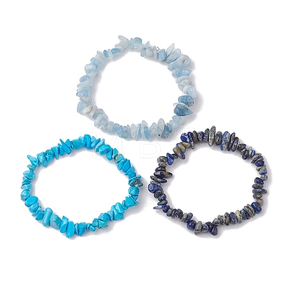 3Pcs Natural Aquamarine & Natural Lapis Lazuli & Synthetic Turquoise Chip Beaded Stretch Bracelet Sets BJEW-JB10861-1