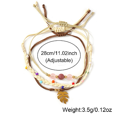 3OPcs 3 Styles Natural Rhodochrosite & Pink Jade & Glass Round Beads Bracelets & Brass Leaf Charm Bracelets Set DI3925-2-1