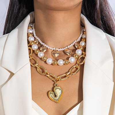 CCB Plastic Heart Pendant Alloy & Plastic Pearl Beaded 3 Layered Necklaces for Women FS-WG4655B-26-1