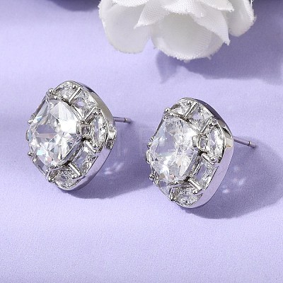 Brass Pave Clear Cubic Zirconia & Glass Stud Earrings EJEW-G471-03P-01-1
