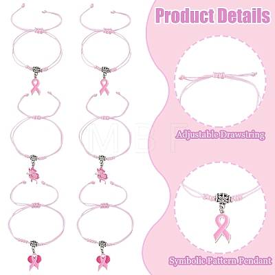 6Pcs 3 Styles Adjustable Alloy Enamel Pink Ribbon Charm Nylon Braided Bracelet Sets BJEW-YW00019-1