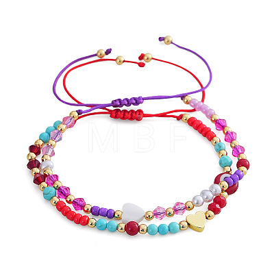 2Pcs 2 Styles Round Glass & Lampwork & Imitation Pearl & Synthetic Turquoise & Natural Shell & Seed Beads Braided Bead Bracelets VE0130-4-1