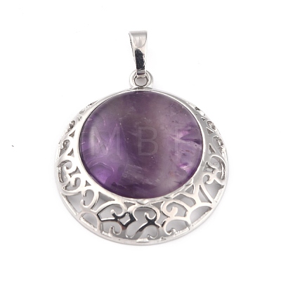 Natural Amethyst Pendants with Hollow Platinum Brass Findings G-P448-A18-P-1