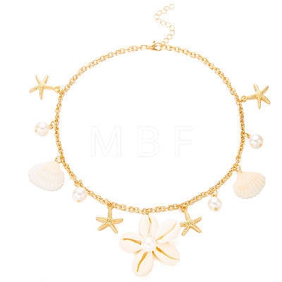 Summer Beach Alloy & Faux Pearl & Natural Cowrie Cluster Flower Pendant Necklaces for Women WG22E51-01-1