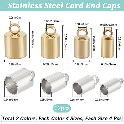 Beebeecraft 32Pcs 8 Style 201 Stainless Steel Cord Ends STAS-BBC0003-57-1