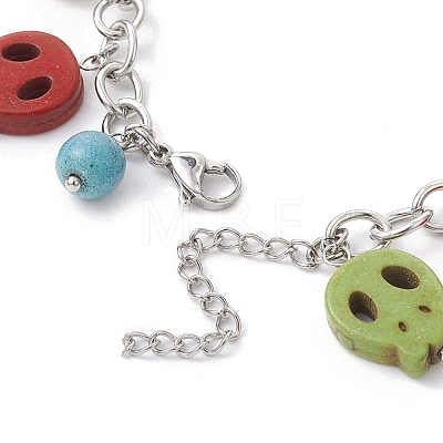 Halloween Dyed Synthetic Turquoise Skull Pendant Brass Cable Chains Bracelets BJEW-TA00471-1
