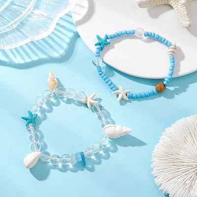 2Pcs Glass Seed and Natural Sea Shell & Aquamarine Stretch & Synthetical Turquoise Beads Bracelets for Women BJEW-TA00708-1
