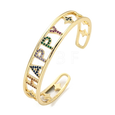 Word Happy Brass Micro Pave Colorful Cubic Zirconia Open Cuff Bangles for Women BJEW-Z062-21G-1