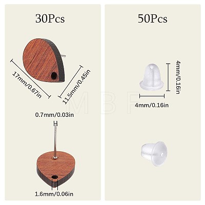 15 Pairs Walnut Wood Teardrop Stud Earring Findings EJEW-SC0001-29-1