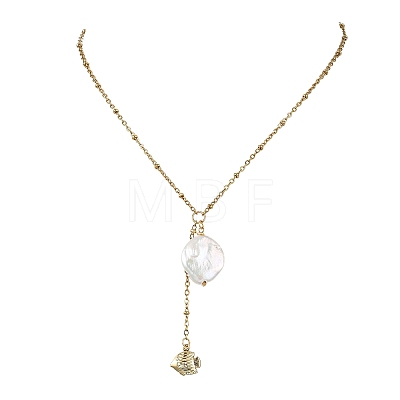 Summer Natural Baroque Keshi Pearl & 304 Stainless Steel Sea Animal Pendant Satellite Chain Y Lariat Necklaces NJEW-JN06049-04-1