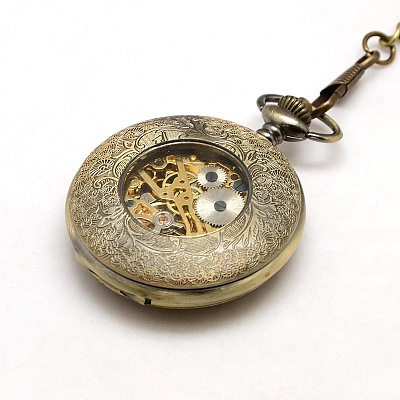 Steampunk Jewelry Hollow Alloy Flat Round Pendant Mechanical Pocket Watches WACH-M035-07AB-1