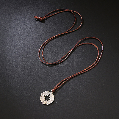 Adjustable Alloy Cut Out Octagonal Compass Pendant Waxed Cord Necklaces for Men WG02E74-01-1